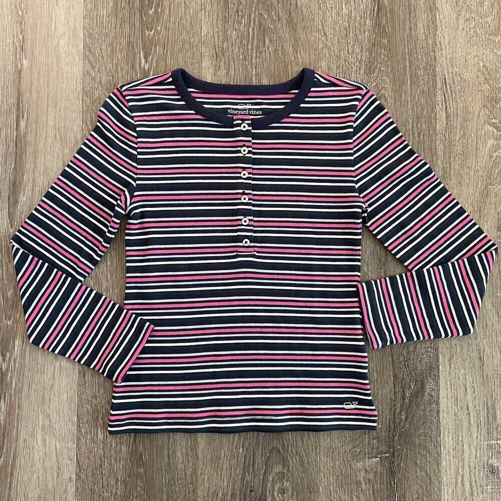 Vineyard Vines Girls Ribbed Stripe Henley Long Sleeve Top - Size: S (7-8)